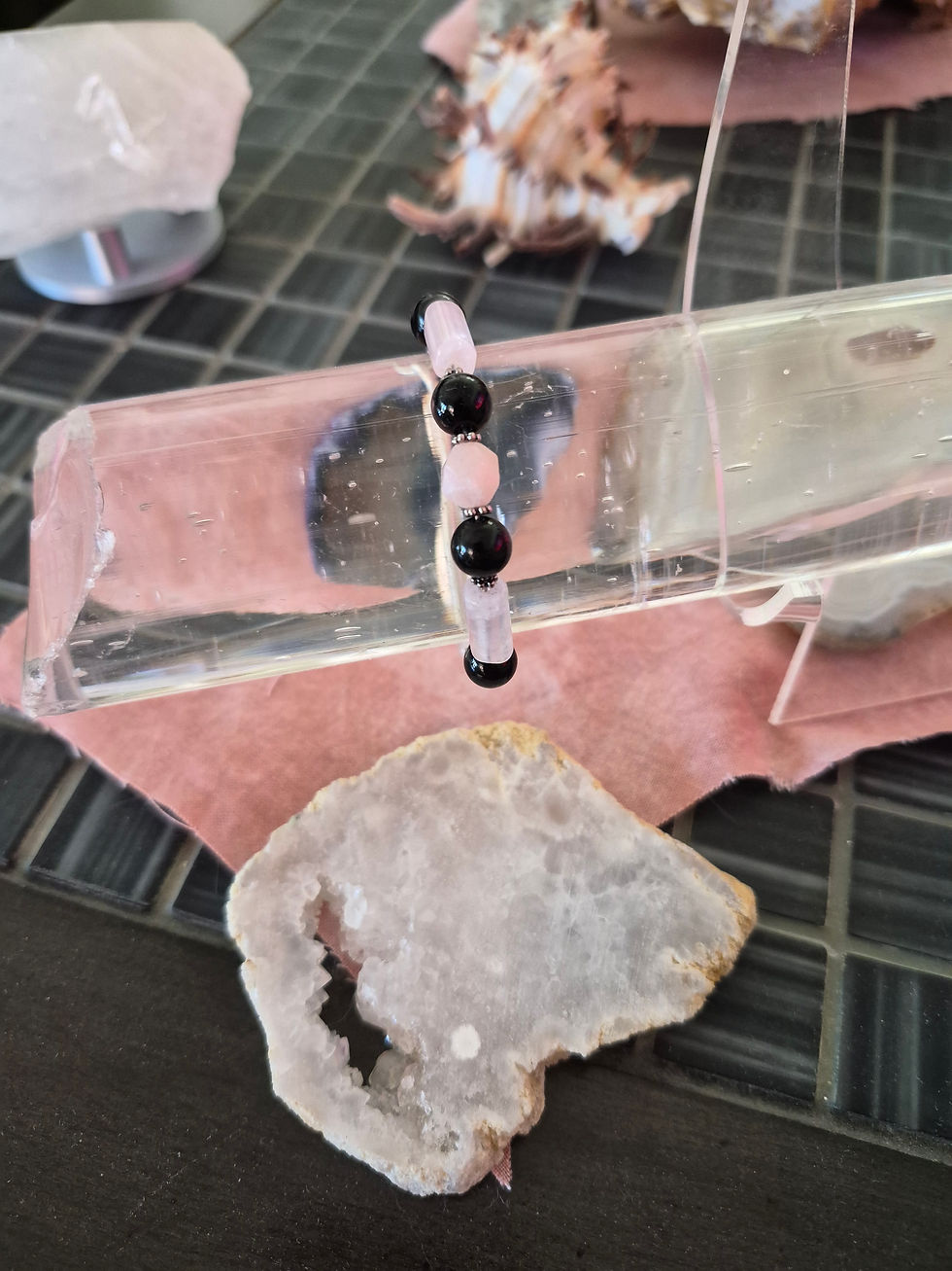 Thumbnail: Rose Quartz tubes, pink morganite in center, obsidian, 4mm rose quartz beads, silver decorative spacers