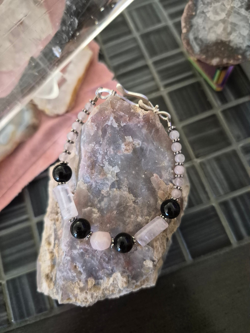 Thumbnail: Rose Quartz tubes, pink morganite in center, obsidian, 4mm rose quartz beads, silver decorative spacers