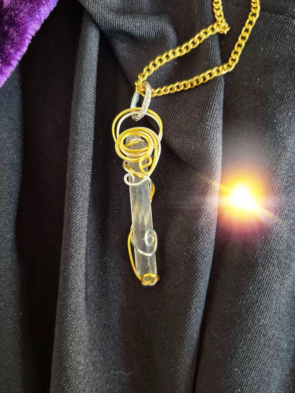 Thumbnail: Two inches of Clear quartz spike wire wrapped in gold and silver with a large swirling of wire on top stainless-steel chain