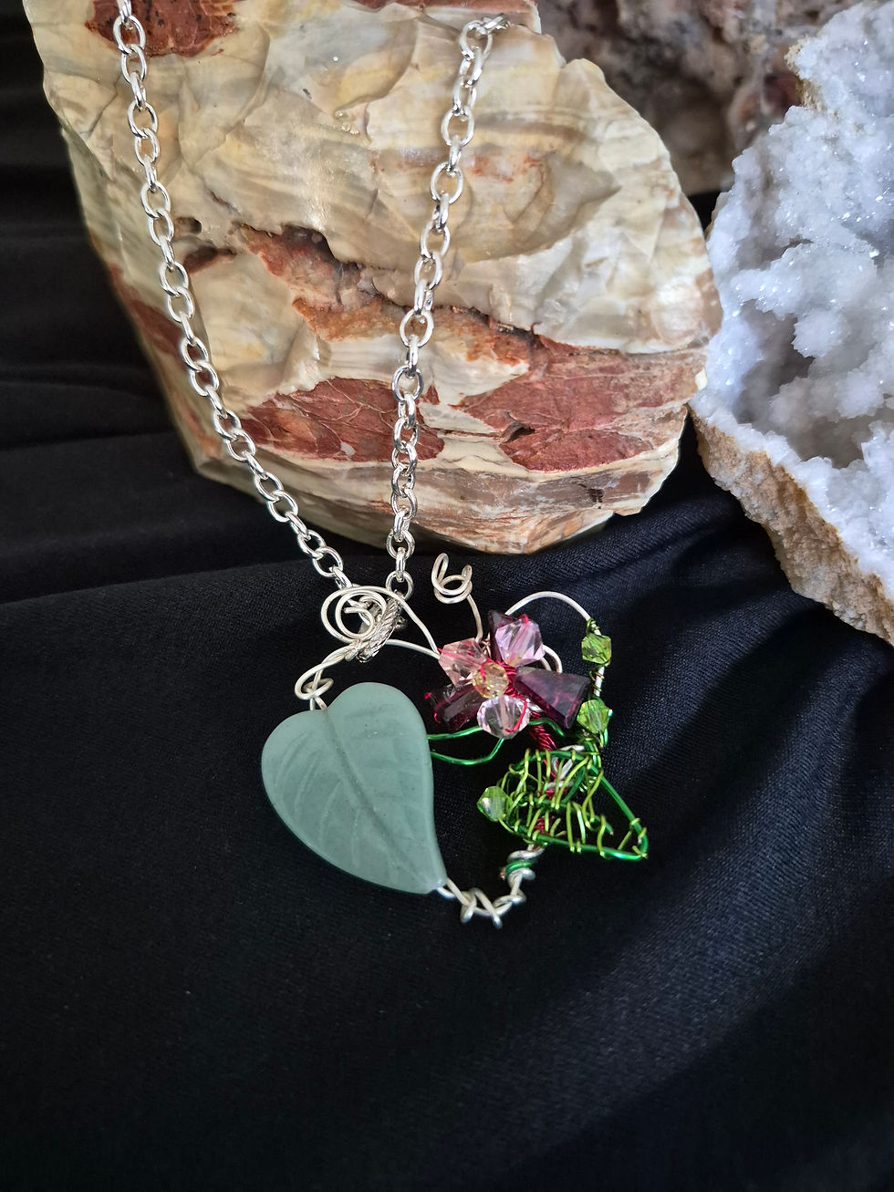 Heart wire with a Garnet and pink Czech Bead flower and a green Aventurine Leaf, green wire leaf, lime green Czech beads