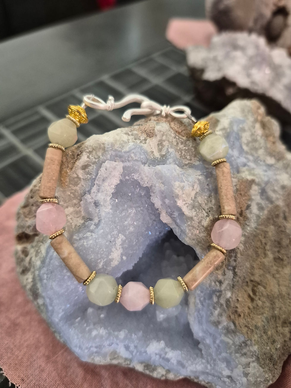Thumbnail: Pink and Green faceted Morganite- Petrified Wood tubes- gold spacers- silver hook clasp