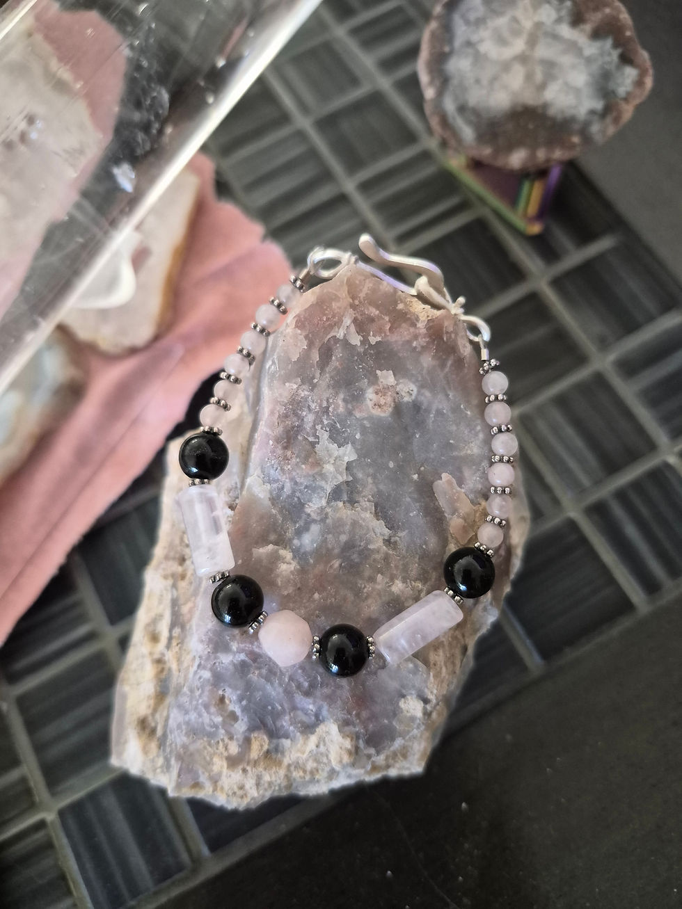 Thumbnail: Rose Quartz tubes, pink morganite in center, obsidian, 4mm rose quartz beads, silver decorative spacers