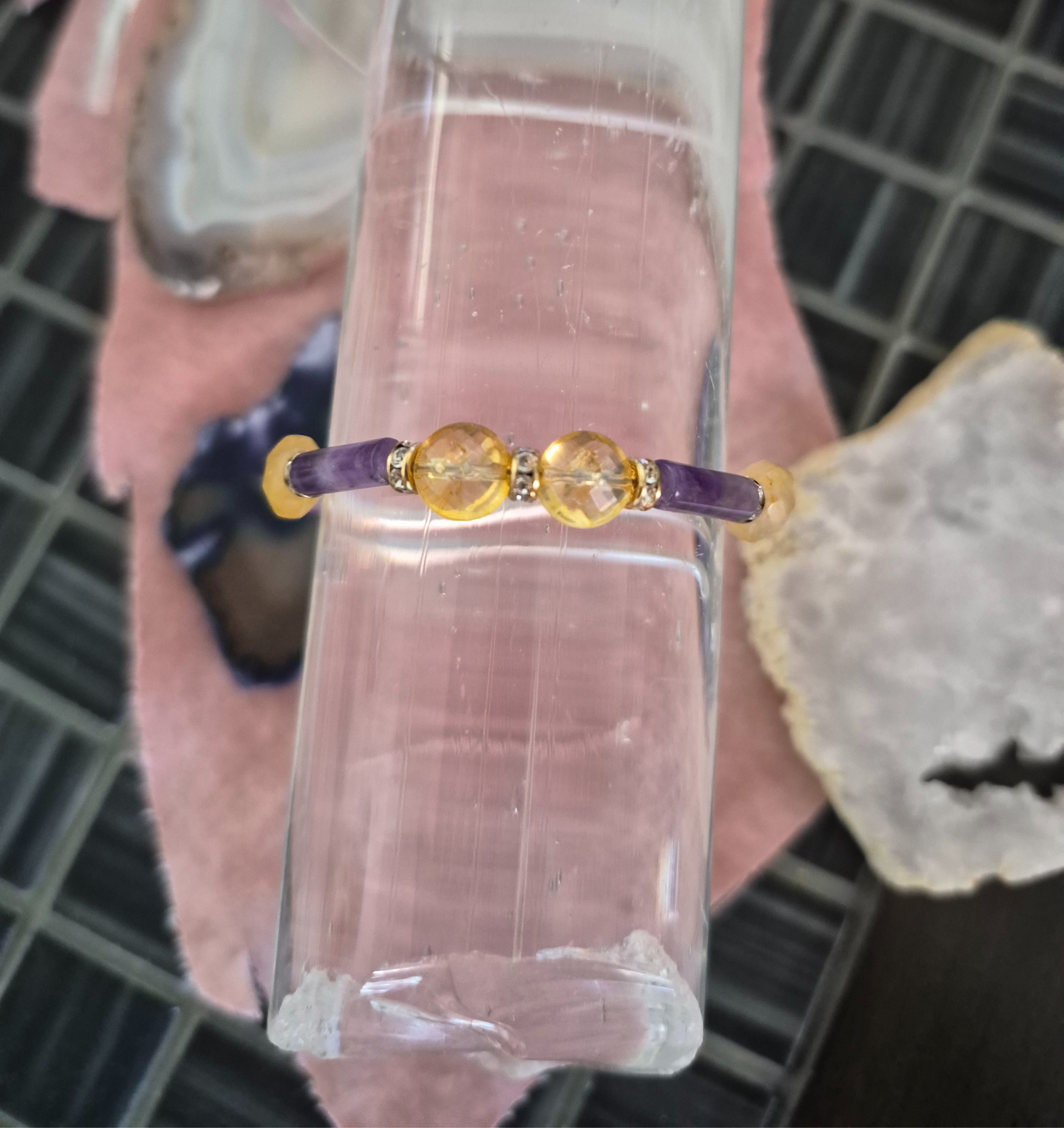 Amethyst tubes, Facetted Citrine, sterling silver cubic zirconia rondelles, silver hook clasp