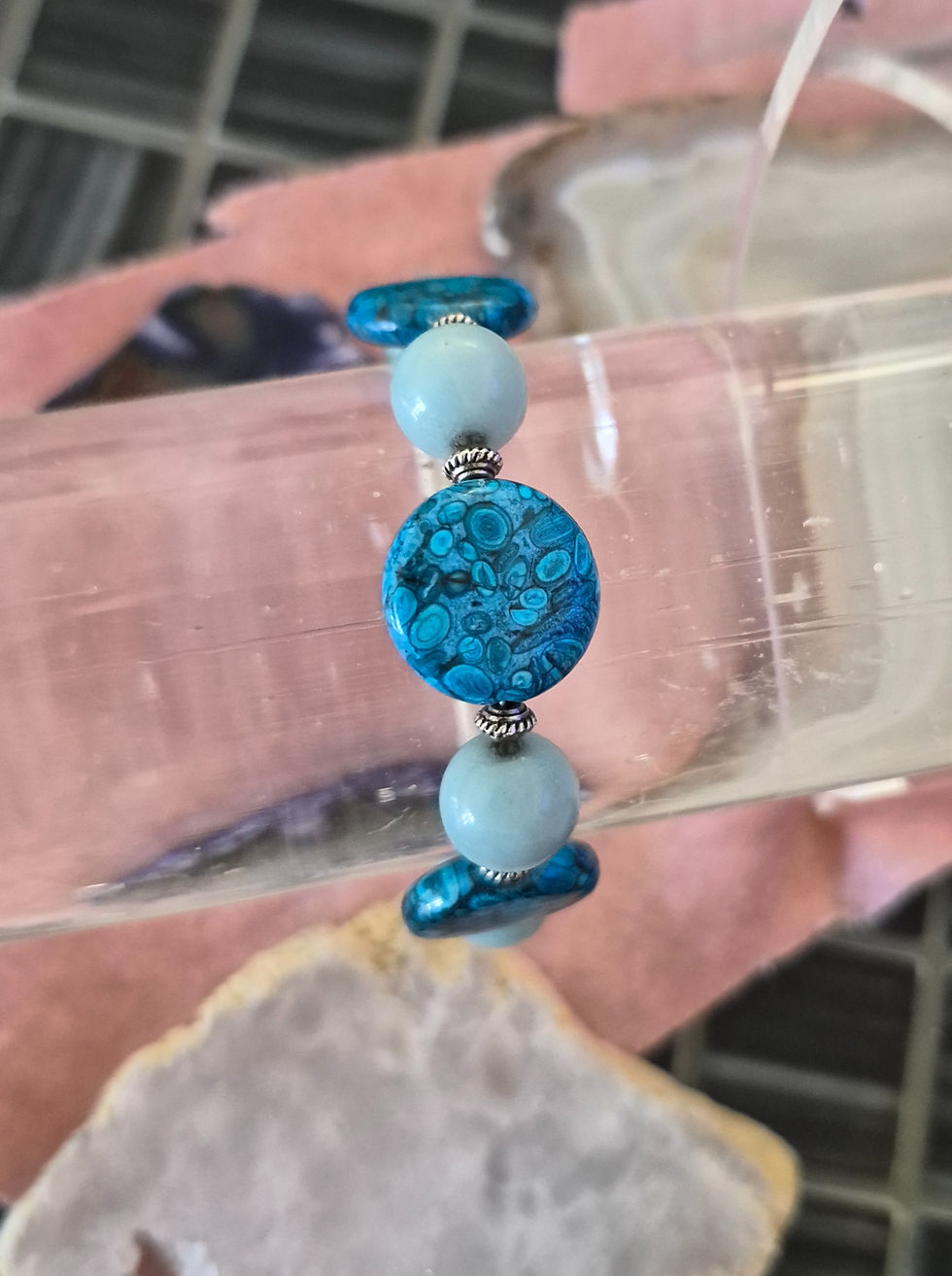 Blue Jasper, small pewter spacer beads, Genuine Larimar Stone, Hook clasp