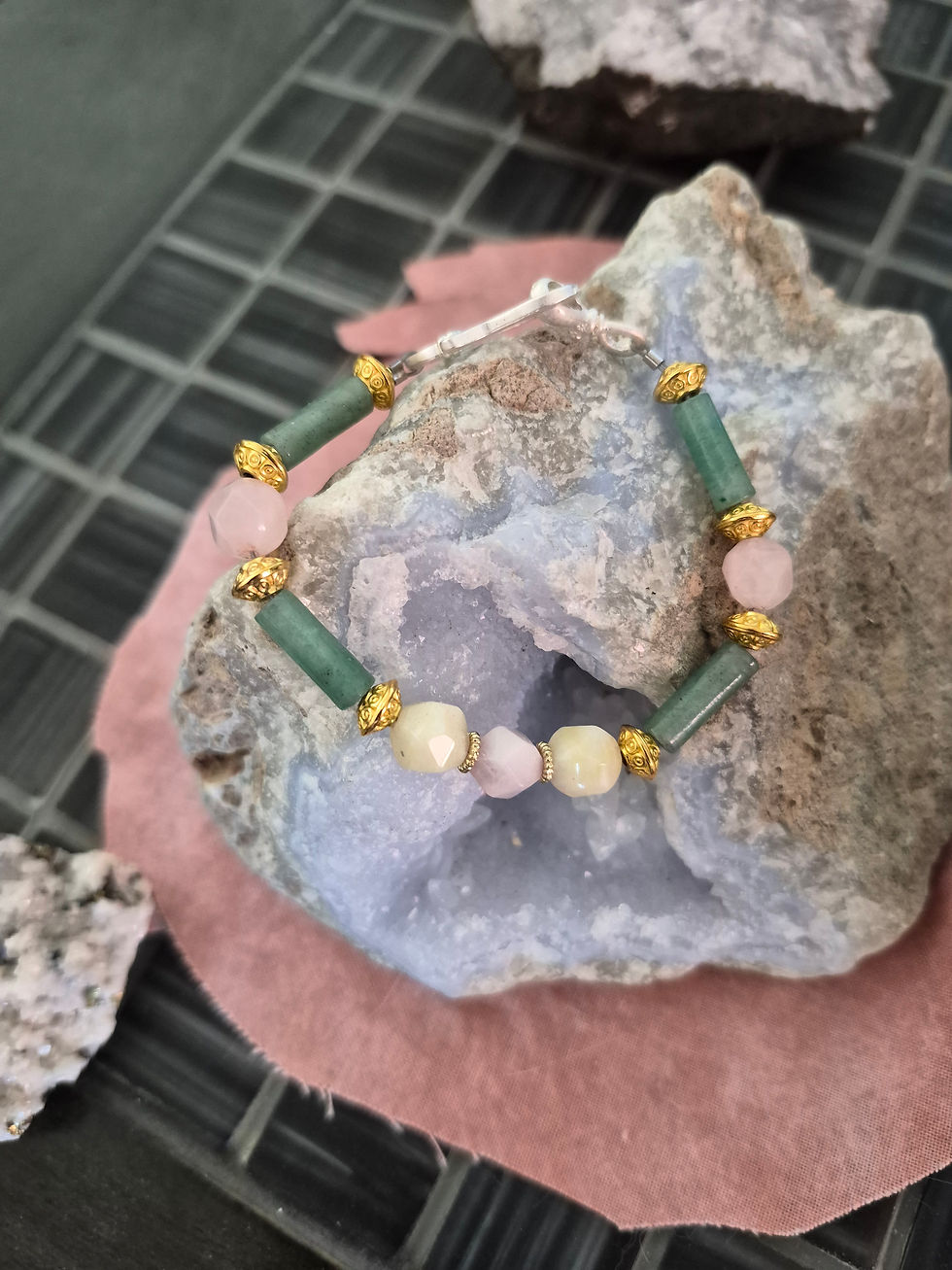 Thumbnail: Pink and Yellow facetted Morganite- Green Aventurine tubes- Decorative gold scrolled spacer beads- silver hook clasp