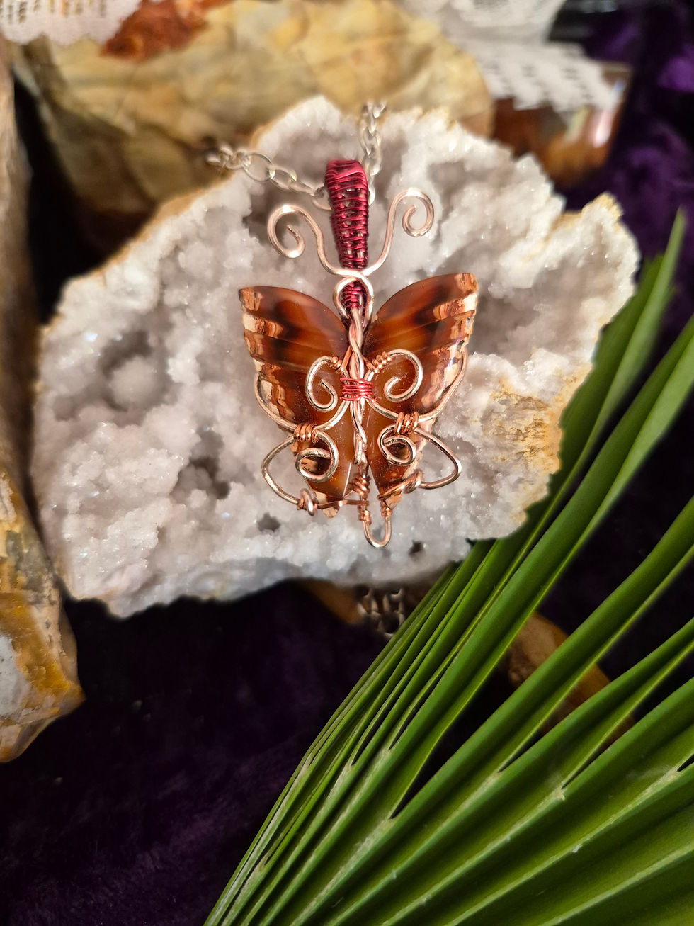 Thumbnail: Carnelian stone shaped butterfly wings with copper wire body and wing designs