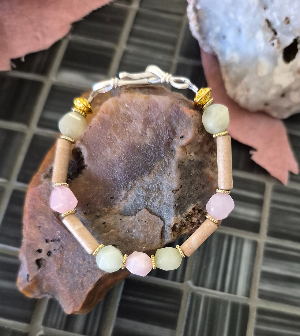 Thumbnail: Pink and Green faceted Morganite- Petrified Wood tubes- gold spacers- silver hook clasp