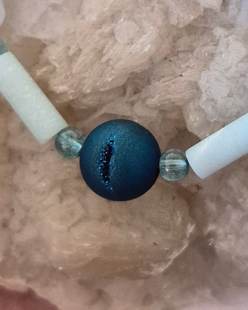 Thumbnail: Single lab made 10mm dark blue geode, 4mm blue quartz beads, light blue hue rainbow Amazonite, silver hook clasp