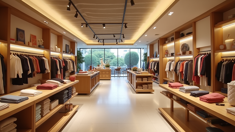 Wide angle view of a modern retail store interior with Indian design elements