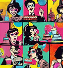 60s pop art style with many people wearing party hats