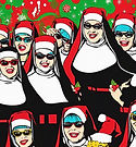 60s pop art style with nuns wearing Santa hats