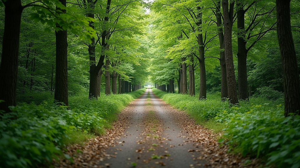 Wide angle view of a peaceful woodland path surrounded by green trees