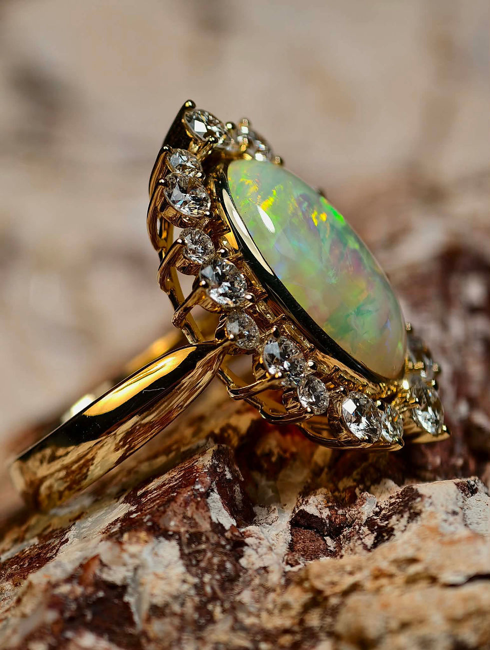 Thumbnail: DOUBLE SIDED SPINNING ring, solid opal & diamonds - 14ky gold ( size: 8.5 Q1/2 )