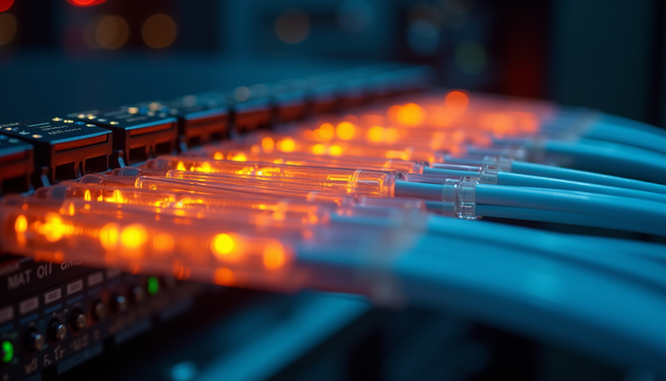 Eye-level view of fiber optic cables glowing in a server room
