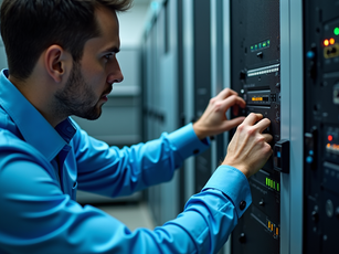 Close-up view of a technician configuring network equipment in a server room