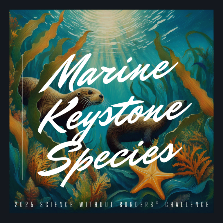 Official 2025 promotional poster for the Science without Borders® Challenge, featuring vibrant marine life artwork to highlight the theme “Our Future Oceans.” The poster invites students aged 11-19 to participate in the international art contest focused on ocean conservation, with a submission deadline of March 3, 2025.