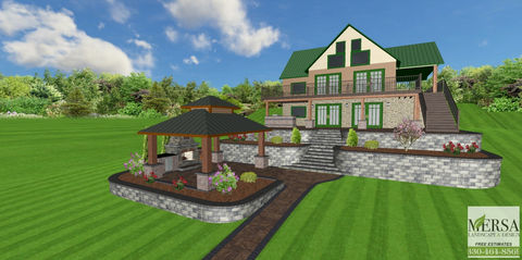 Mersa Landscape Design, 3D Designs, residential landscape design, patios, walkways, natural stone hardscapes, retaining walls, ponds, waterfalls, new lawns, outdoor structures, outdoor kitchens, fireplaces & fire pits