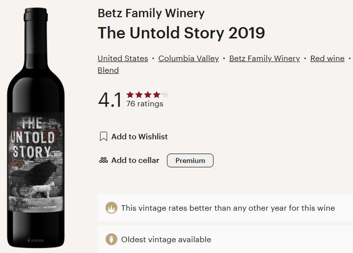 Betz Family Winery 2019 The Untold Story Columbia Valley