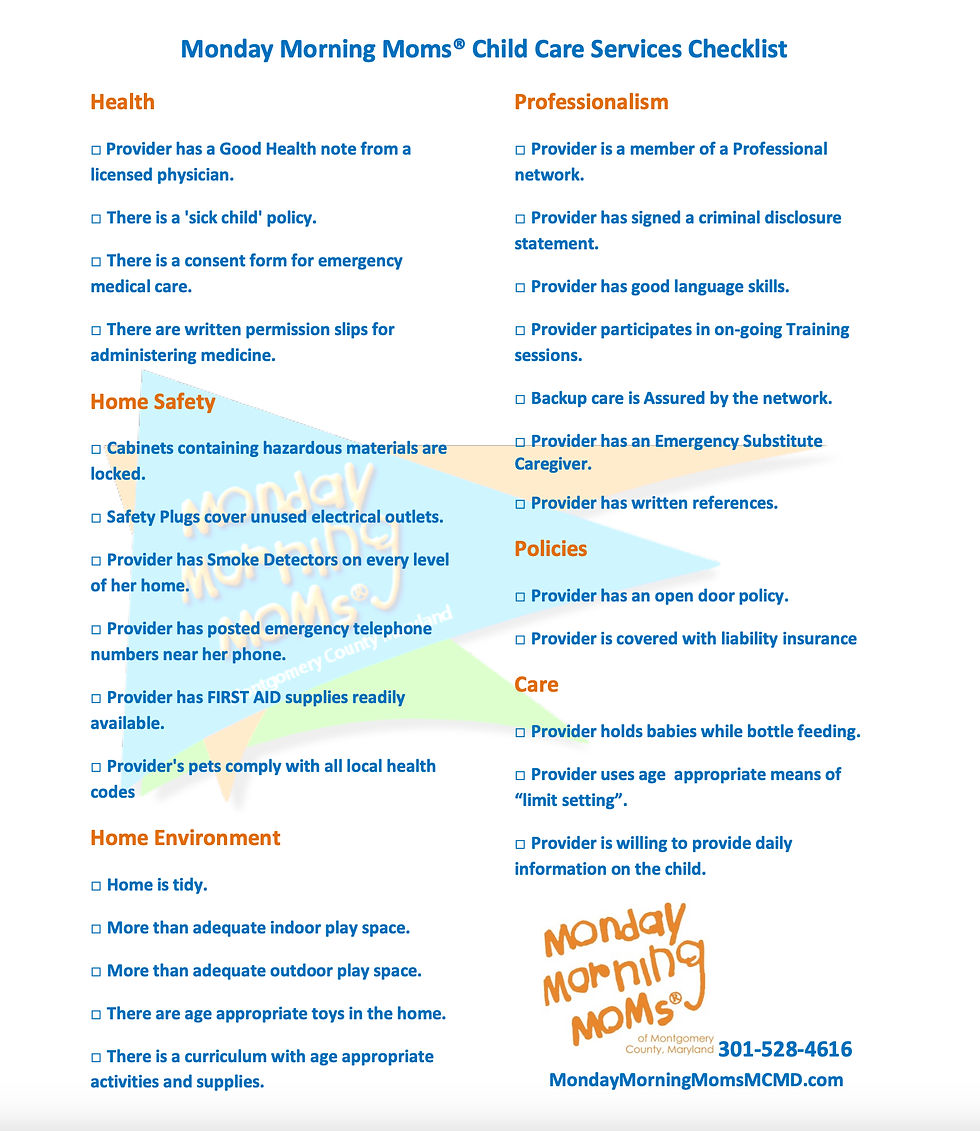 Close-up view of a checklist for evaluating child care providers