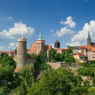 Historische Stadtansicht mit Türmen, Gebäuden und Bäumen unter blauem Himmel. Sehenswertes.