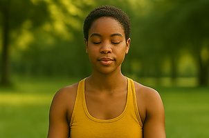 A female meditating in park siting on grass.=