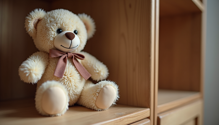 Eye-level view of a small, worn teddy bear resting on a wooden shelf