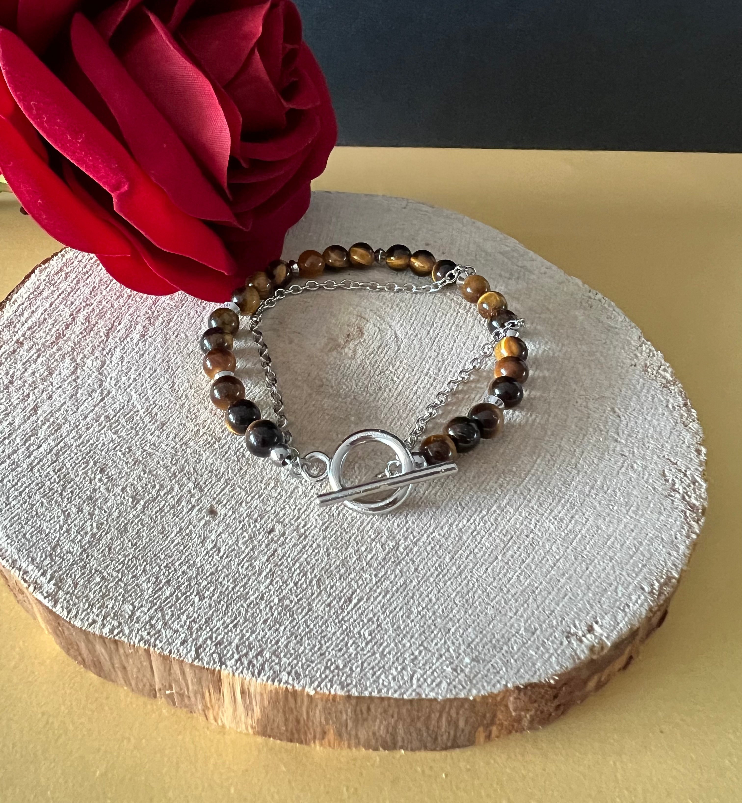 Bracelet en Oeil de Tigre et acier inoxydable