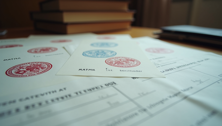 Close-up view of a Mexican notary office with official documents and stamps