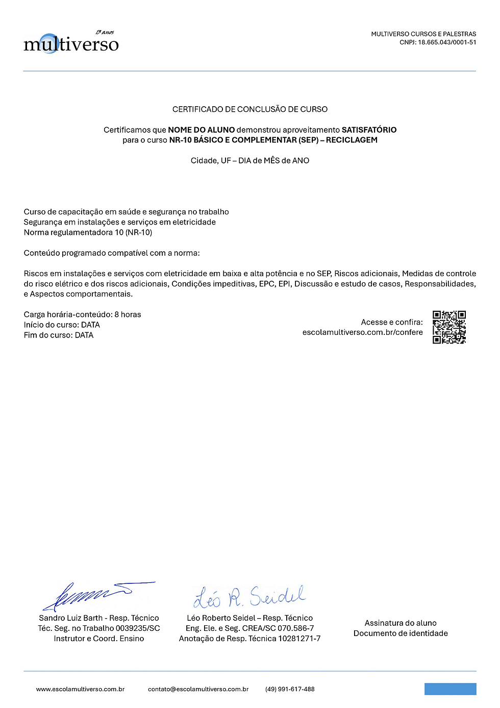 Certificado Curso NR-10 Básico + Complementar SEP Reciclagem 8h