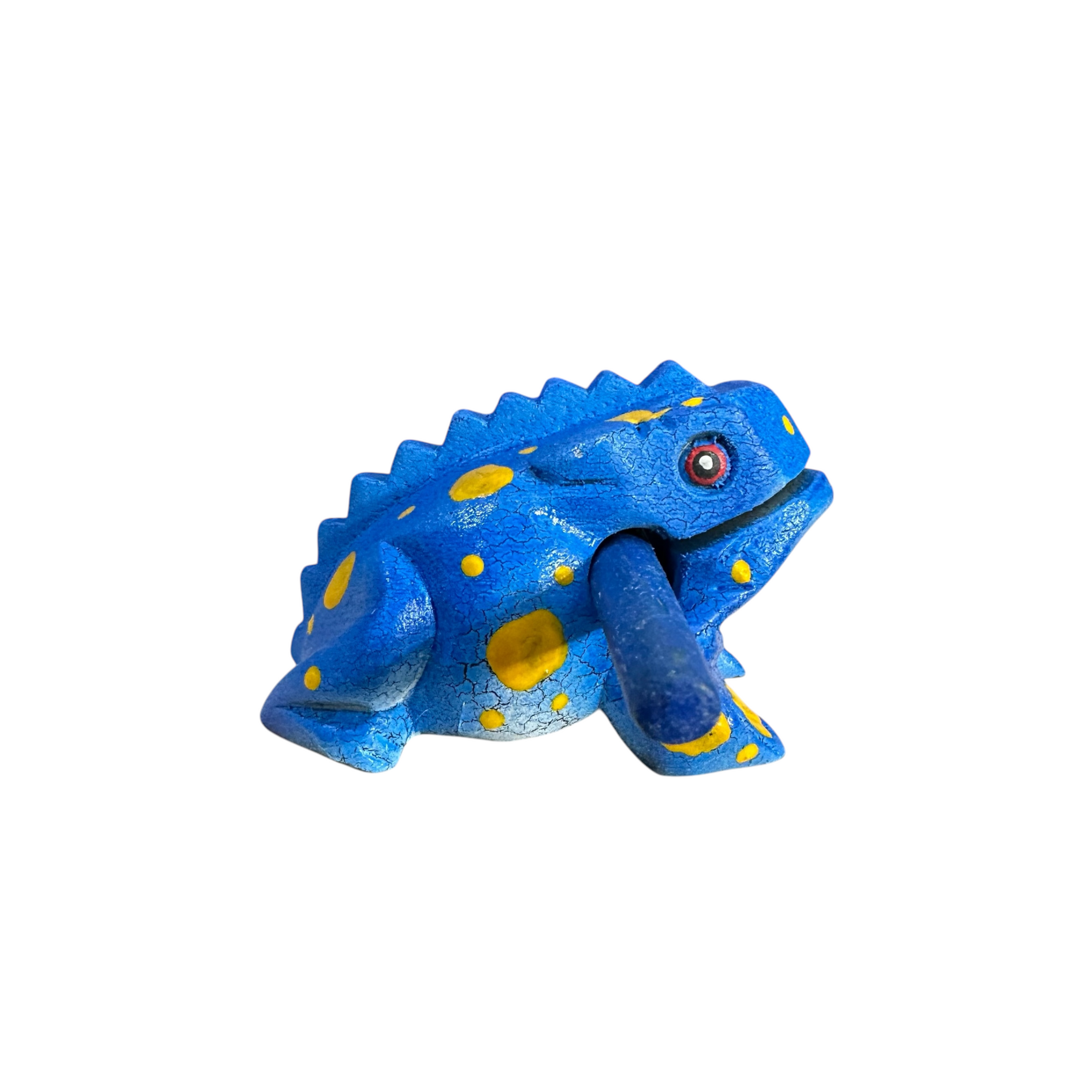 Small 1.5 inch blue wooden musical frog with yellow spots.