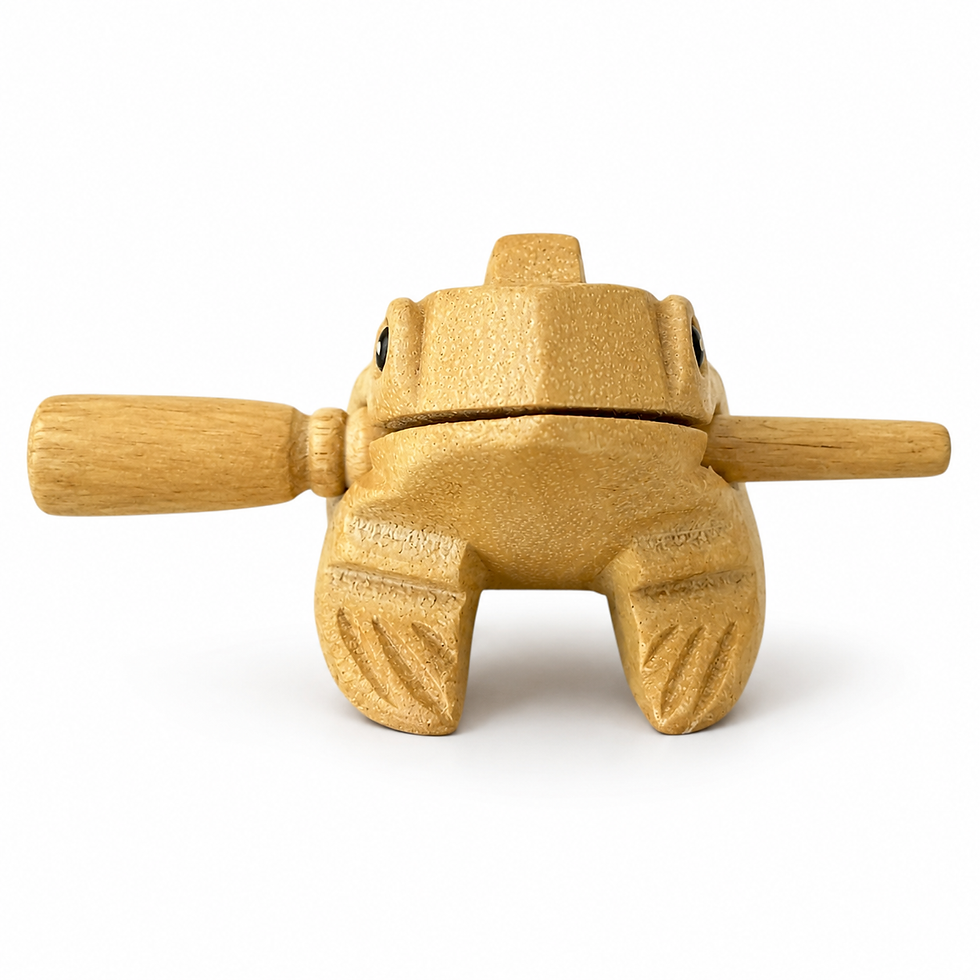 Thumbnail: Small 2-inch natural wooden musical frog with playing stick.