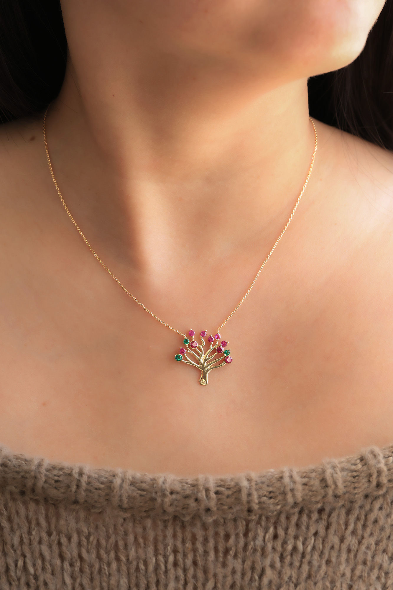 Ruby & Emerald Yellow Gold Family Tree Pendant