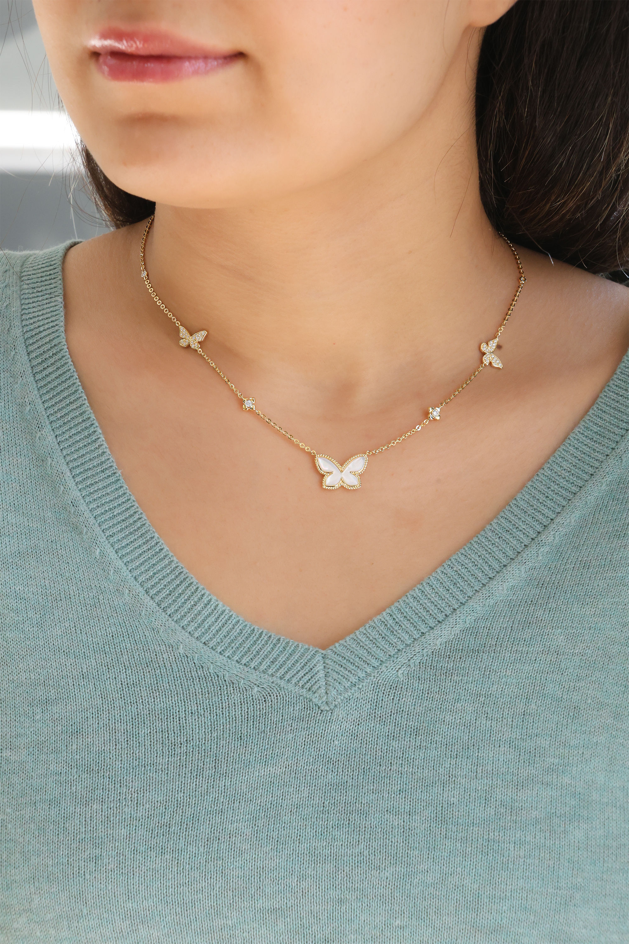 Mother-of-Pearl and Diamond Butterfly Necklace 0.53 cts.