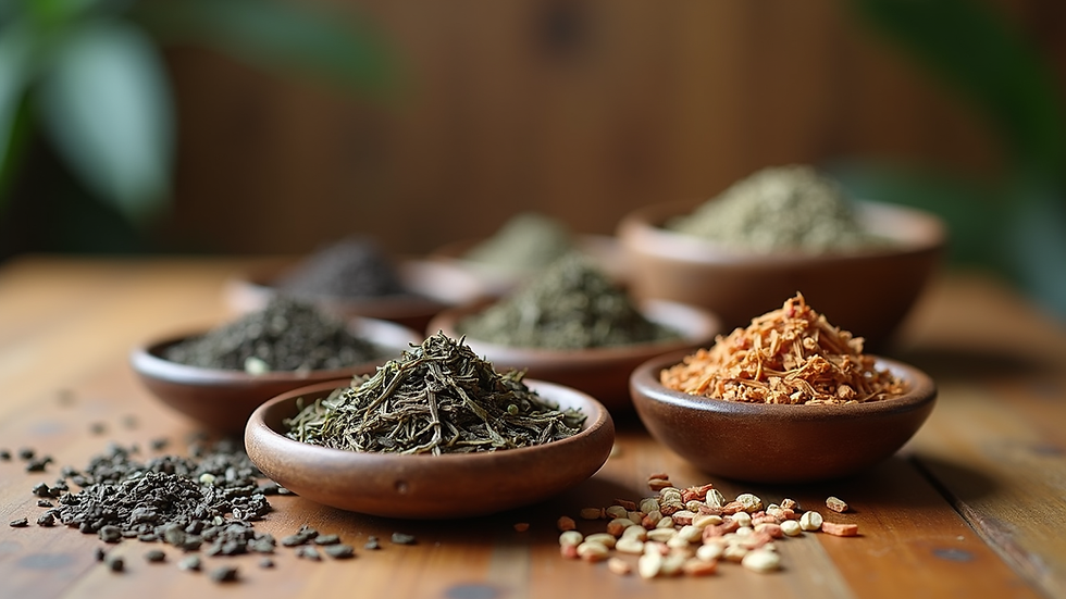 Eye-level view of dried Chinese herbs and tea ingredients arranged on a wooden table