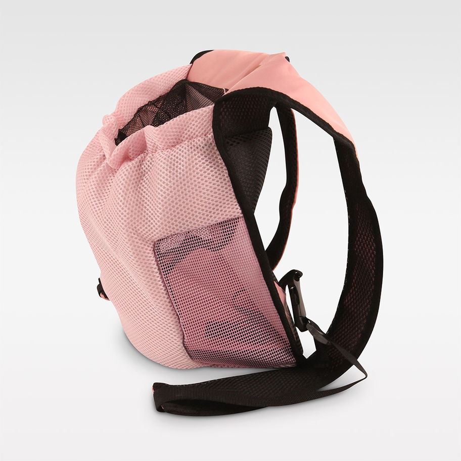 Rosaroter, kühlender Hunderucksack aus Polyester mit verstellbaren Trägern, seitliche Ansicht, für kleine Hunde bis 6 kg.