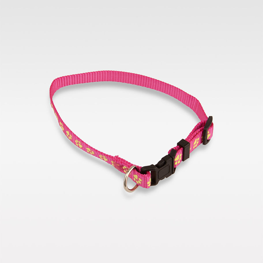 Pinkes, dünnes Hundehalsband mit Pfotendesign, wasserfest und reflektierend bei Dämmerung – ideal für kleine Hunde
