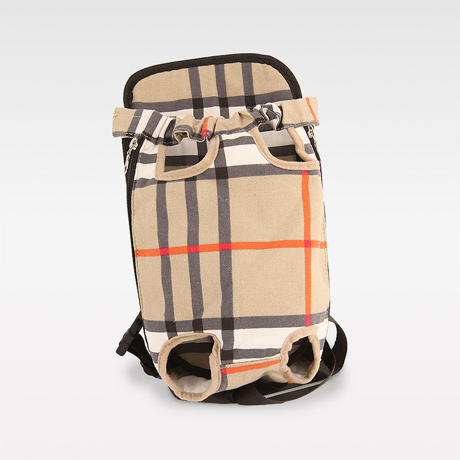 Karomuster Känguru Hundetragetasche von VIPDOG in Braun, Creme, Orange - für kleine Hunde – perfekt für Bootsausflüge.