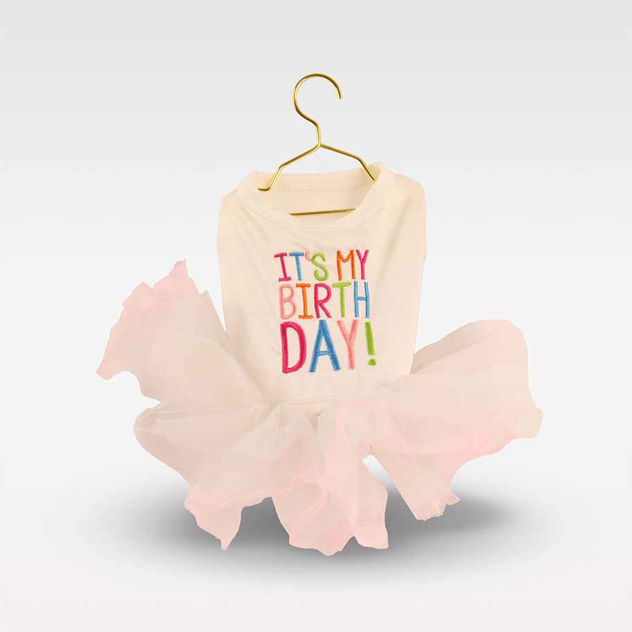 IT'S MY BIRTHDAY Hundekleid in Weiss mit bunter Schrift und Tüllrock für kleine Hunde, ideal für Geburtstagsfeiern.