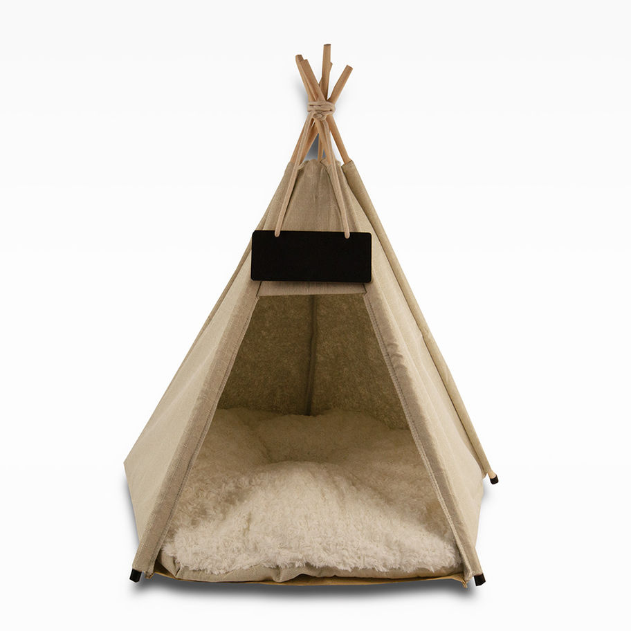 Hundezelt Beige aus Leinen mit Kissen & Namens-Tafel für kleine Hunde