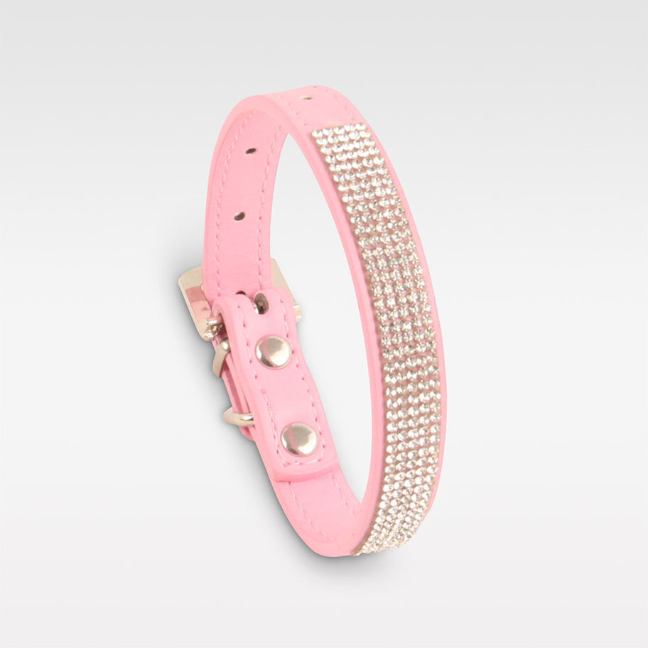 Exklusives rosarotes Leder Hundehalsband mit Strasssteinen – luxuriöses Hundezubehör für kleine Hunde von VIPDogSwiss