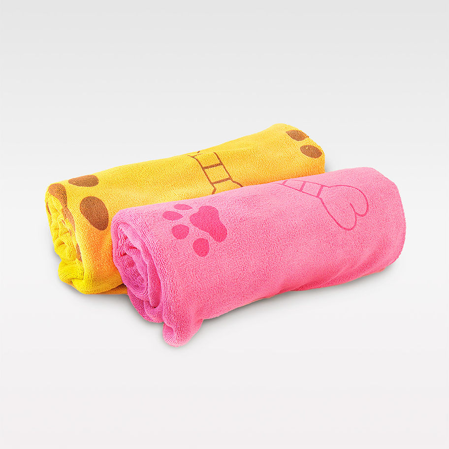 Gelbes und rosarotes Mikrofaser-Badetuch für kleine Hunde, saugstark und weich, ideal zum schnellen Trocknen.