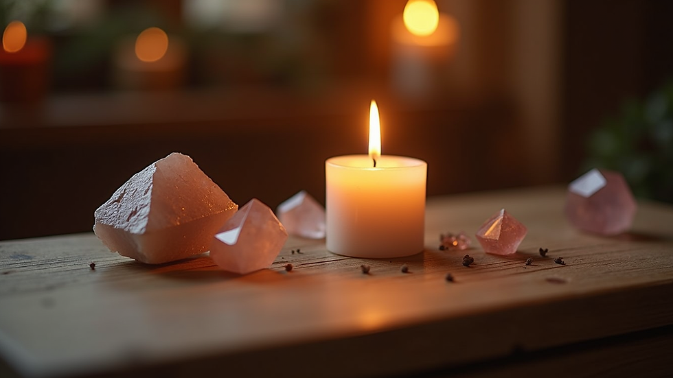 Close-up view of a candle burning on a wooden altar with crystals