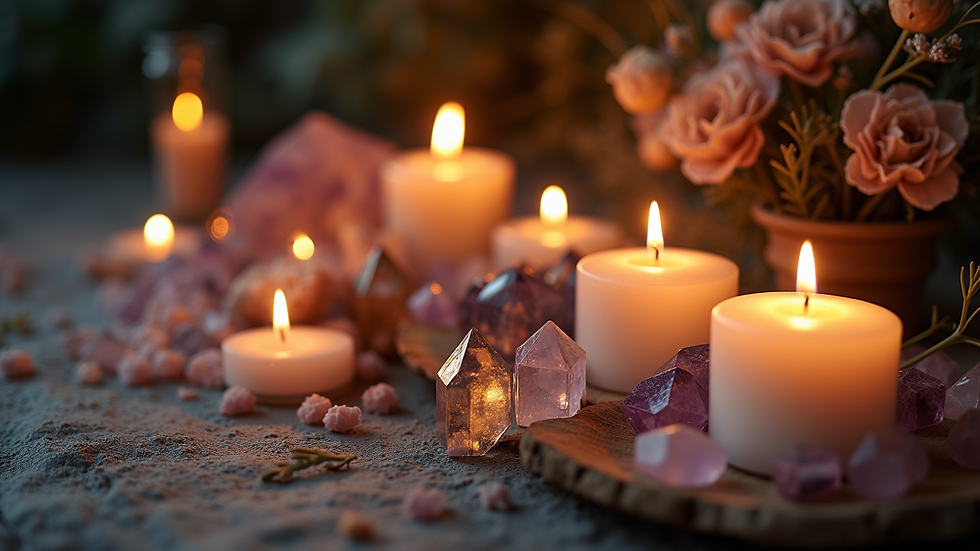 Eye-level view of a mystical altar with candles and crystals