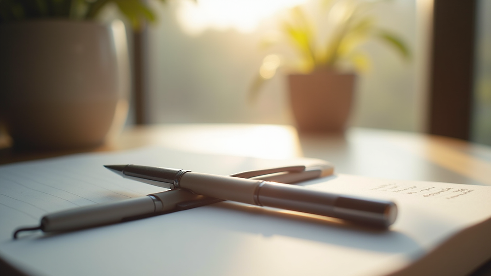 Close-up view of a journal and pen on a table with soft natural light