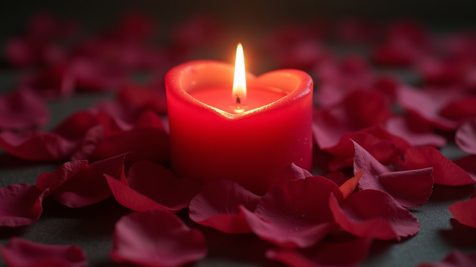 Eye-level view of a lit red candle surrounded by rose petals