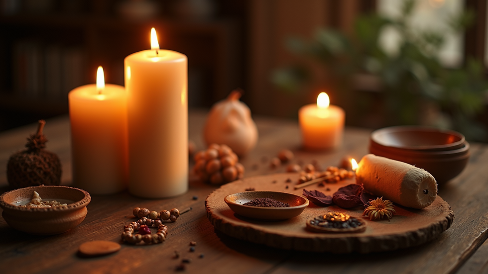 Eye-level view of a traditional healer’s ritual setup with candles and sacred objects