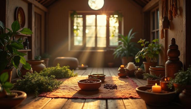 Eye-level view of a traditional healer’s sacred space with healing herbs and ritual items