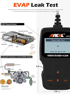 EVAP leak test diagram with ANCEL OBD2 scanner connected, showing fuel tank and emission control system.