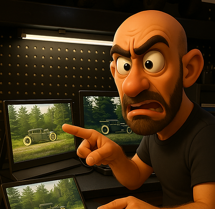 Angry man reviewing two computer screens