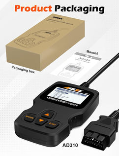 ANCEL AD310 OBD2 scanner with retail packaging box and instruction manual.
